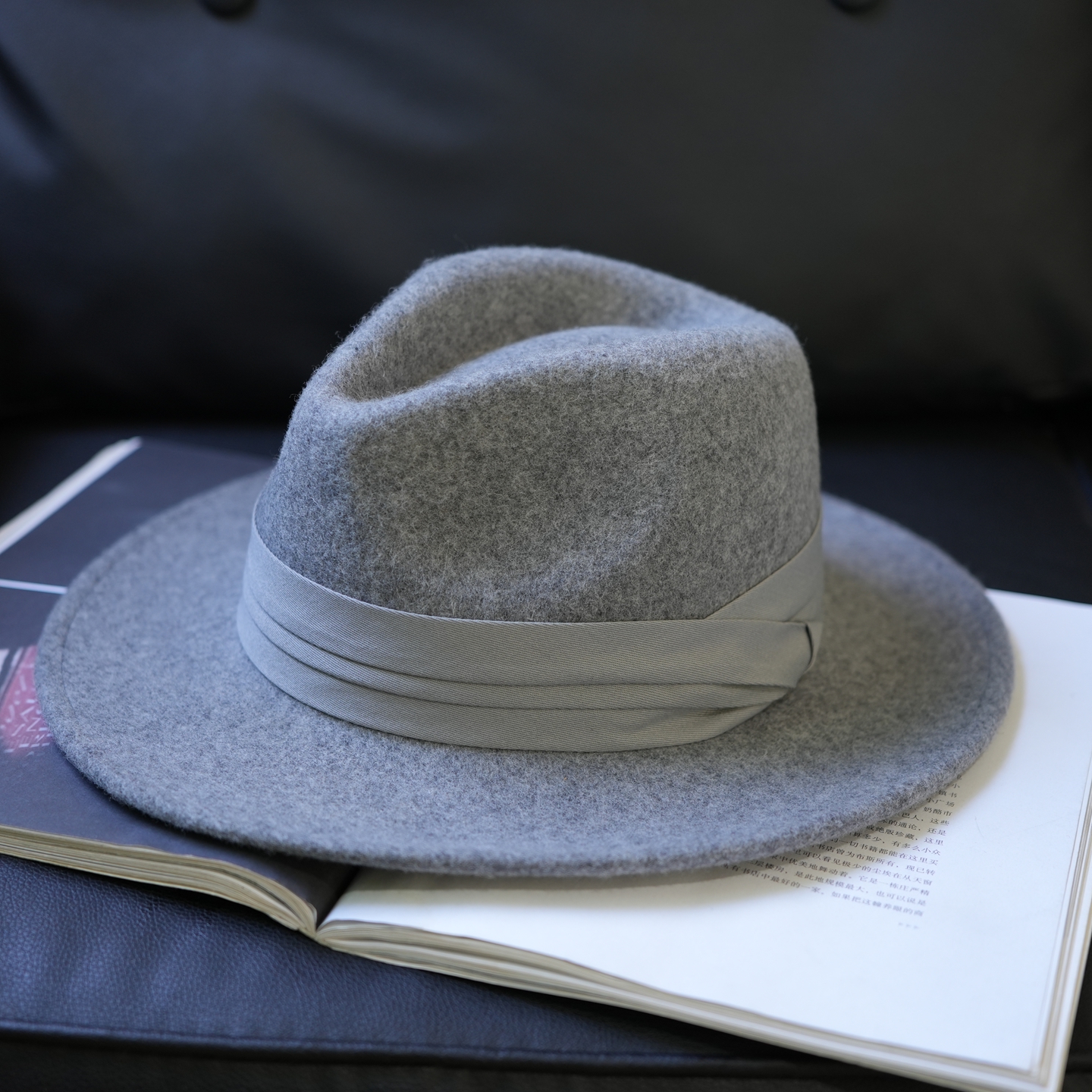 法式平檐羊毛礼帽女秋冬季大头围灰色帽子时尚平顶帽爵士帽千金帽