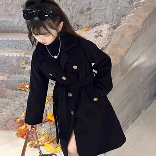 Fad Cardin女童英伦风毛呢大衣秋冬新款女孩高档中长款呢子外套潮