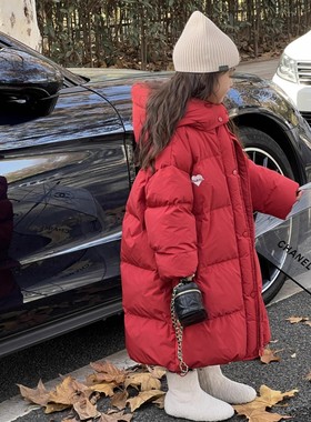 Fad Cardin男女童红色羽绒服中长款过膝2025年冬季宝宝加厚外套潮