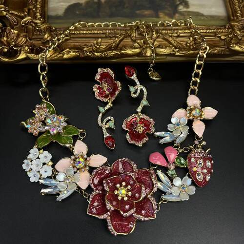 vintage中古BJ项链大合集滴釉大红花 蜜蜂蜂巢镶钻项链甜美夸张