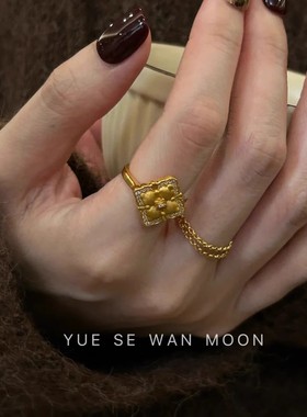 中古神韵拉丝金四叶草菱形方块戒指女新款开口食指戒指不掉色指环