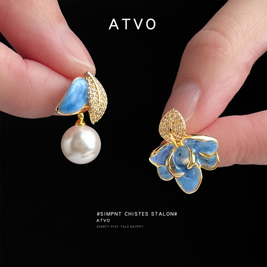 珐琅滴釉不对称设计微镶锆石镀银针树叶时尚感耳饰 工厂耳环