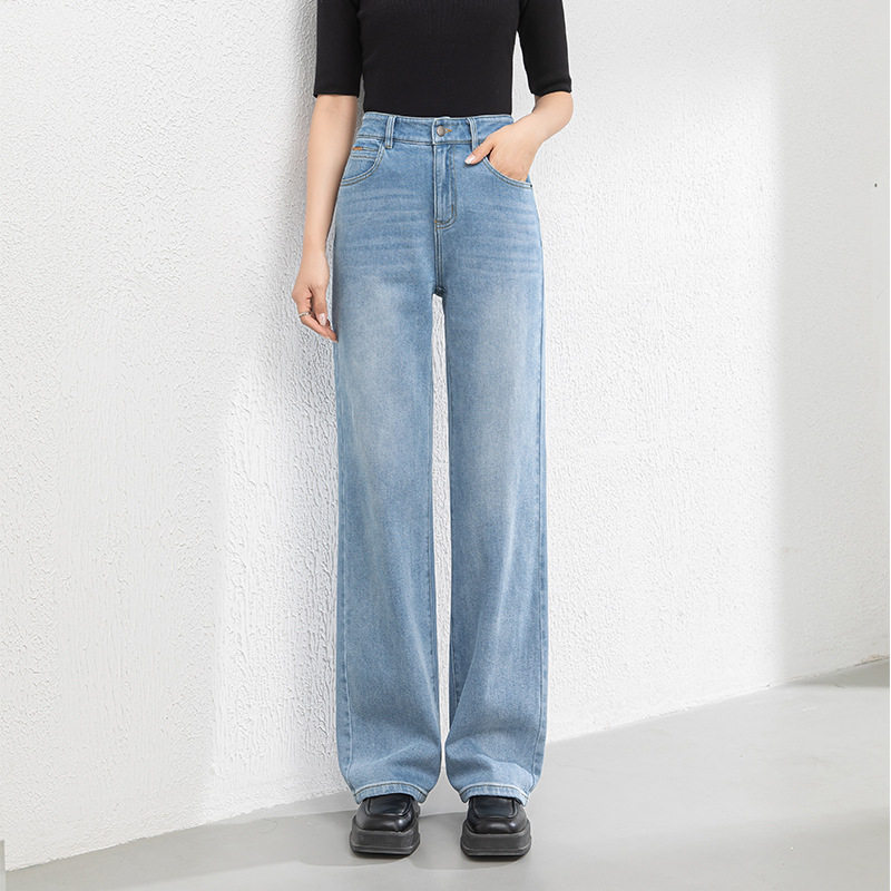兴依璐2025年春季新款窄板牛仔阔腿拖地裤女垂感直筒长裤子浅色