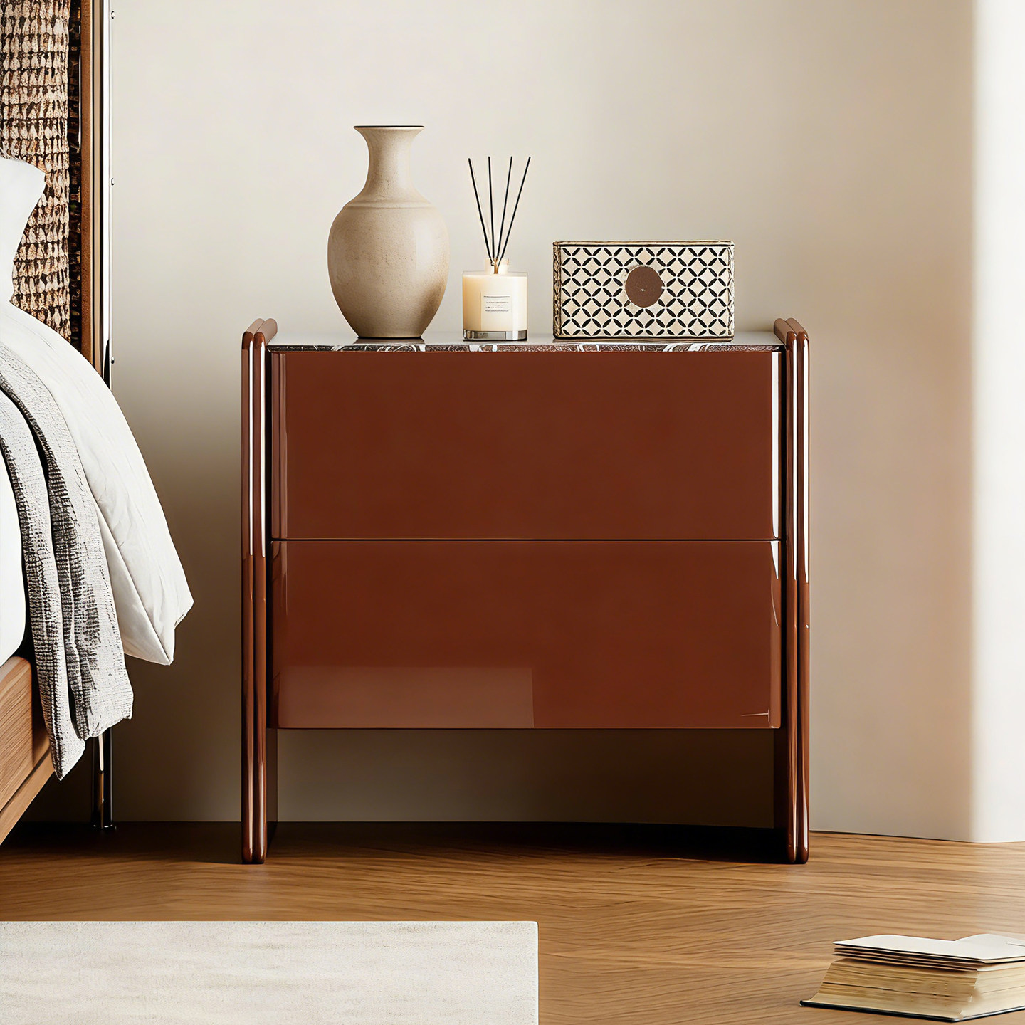 高端大理石床头柜高亮光烤漆新款卧室家用意式轻奢储物收纳抽屉柜