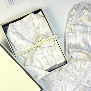 田园风小碎花丝绸睡衣女春秋高级感冰丝家居服长袖 送闺蜜生日礼物