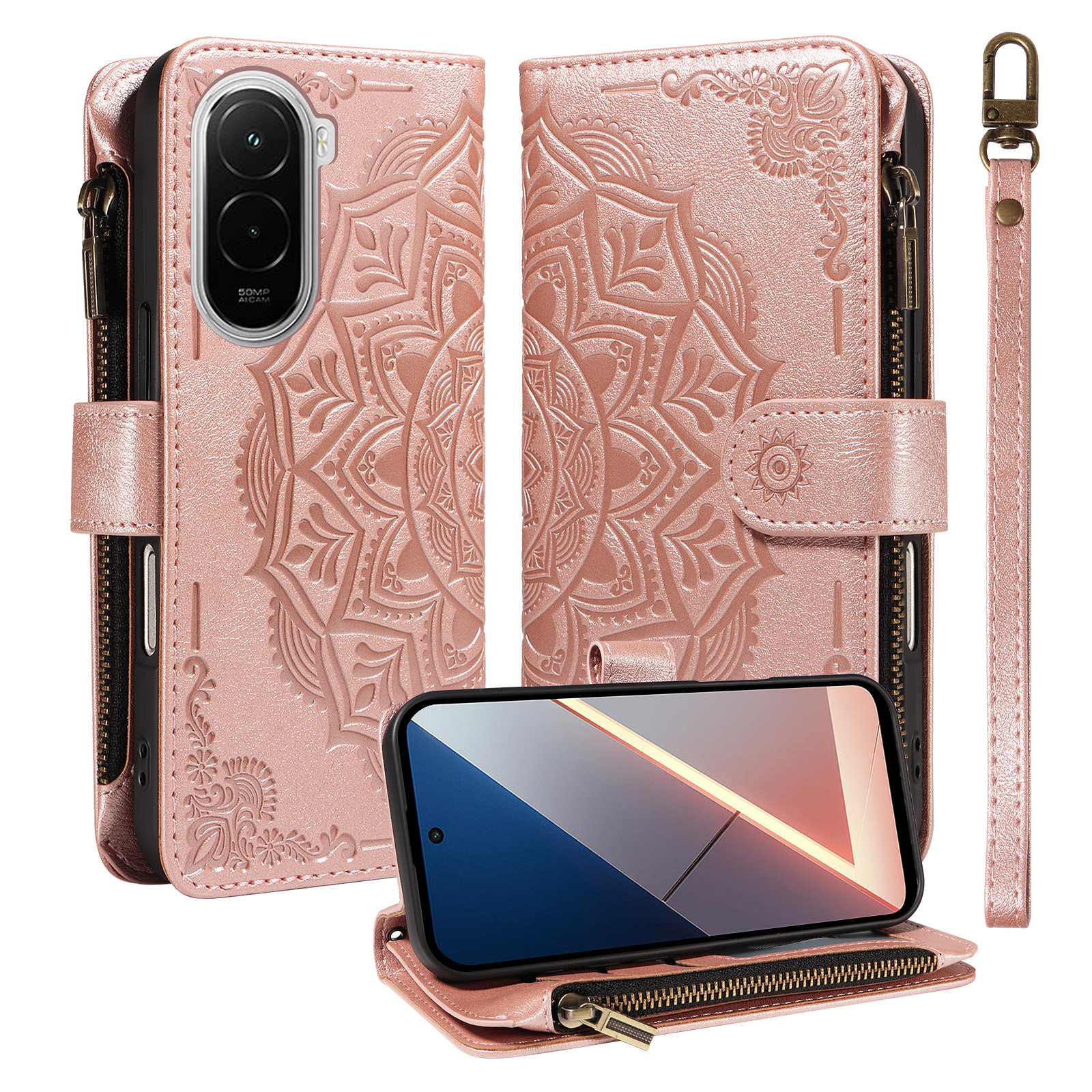 新款曼陀罗适用于小米pocoM7翻盖皮套带斜挎肩带手机壳pocoF4GT/pocom3/M4pro全包防摔插卡钱包X3n
