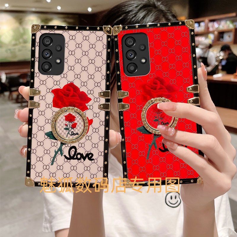 新款复古玫瑰花适用于三星A73方形电镀带指环扣手机外壳A73全包四角加厚防摔A73保护套