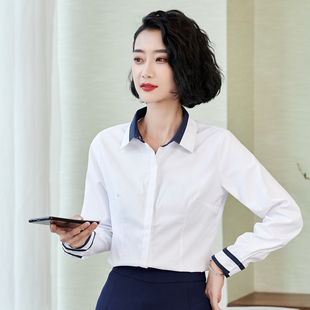 拼接韩版 棉长袖 修身 职业装 防走光暗扣工服 2025新款 寸衫 秋冬女衬衫