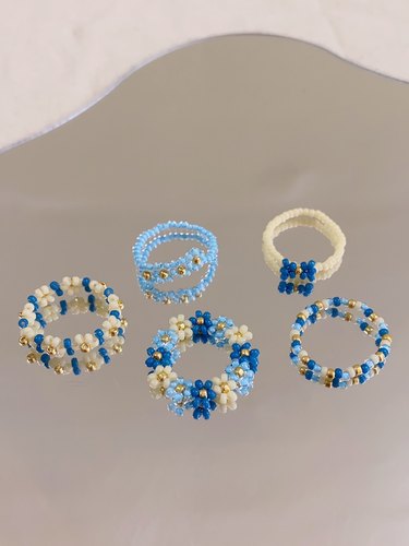 HUYA手作黛蓝配色串珠戒指手工编织花朵小众设计蓝色可爱戒指