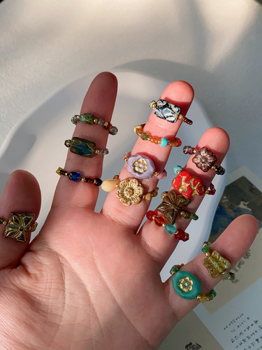 复古捷克珠串珠戒指毕加索原创设计手工制作轻奢叠戴少女心指环