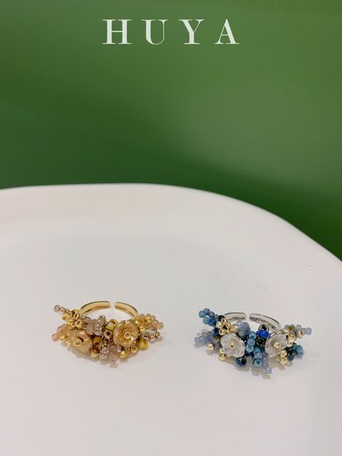 HUYA手作复古金串珠戒指