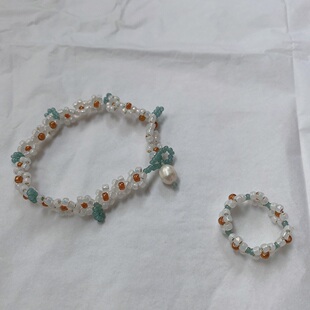 HUYA手作梨花微雨串珠手链戒指纯手工古风少女手环小众花花指环