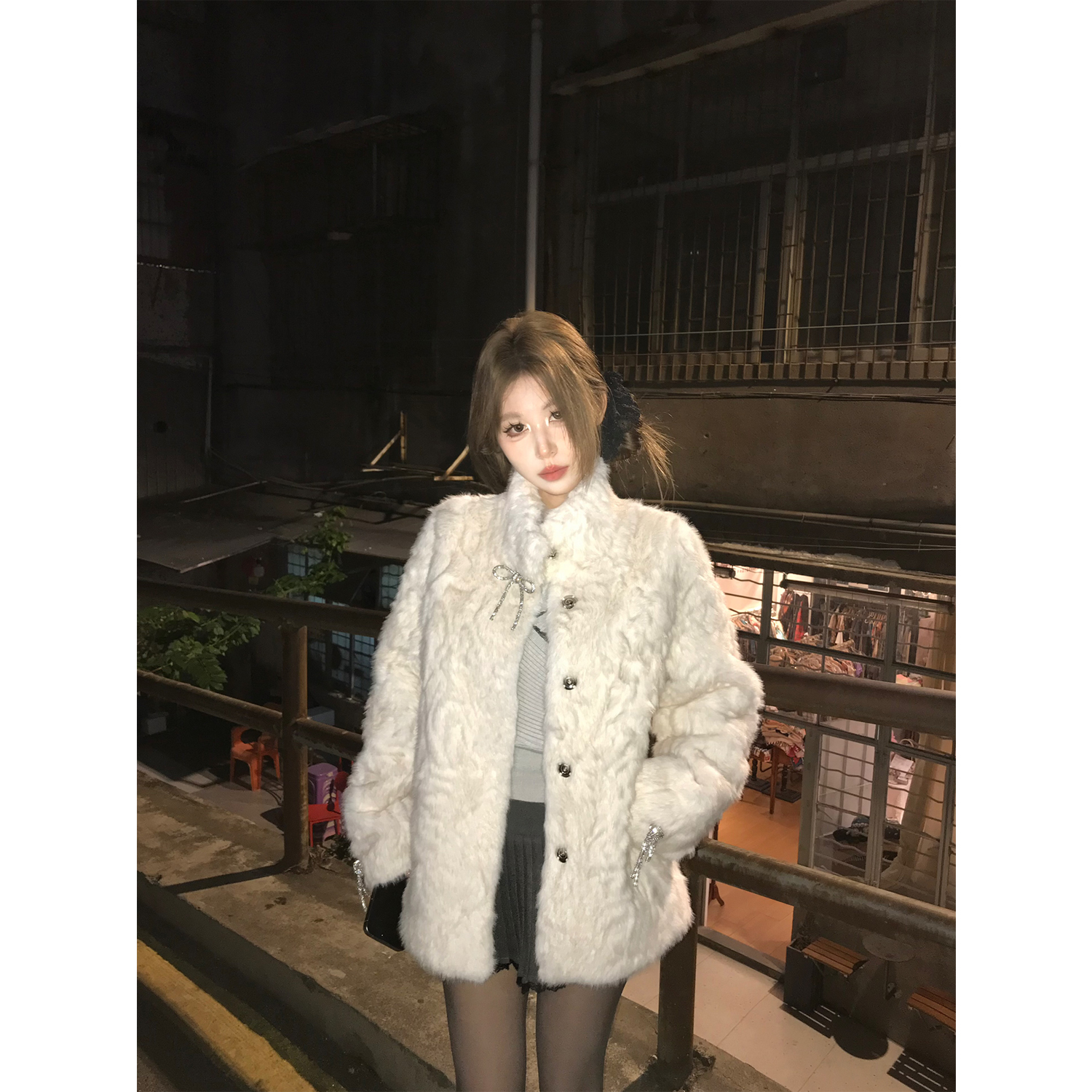 Mejiu蜜九【摩卡千金】加厚立领外套辣妹女毛茸茸秋冬季上衣宽松
