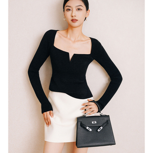 显瘦春秋毛衣打底衫 女大方V低领气质修身 内搭上衣 针织衫 黑色长袖