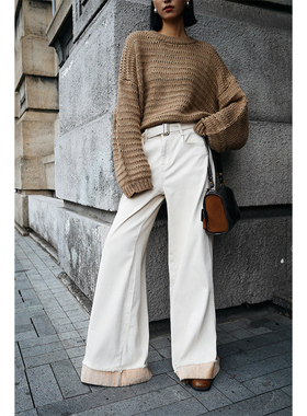 chris小倩高腰带米杏撞色卷边阔腿裤冬季加厚休闲直筒牛仔裤女