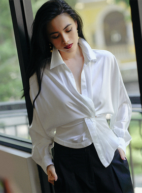 chris小倩白色开扣扭结衬衫 小众设计松紧腰缎面光泽丝滑质感女