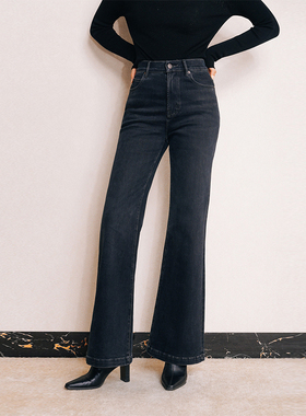 chris小倩复古中高腰阔腿微喇牛仔裤加厚德绒显瘦大长腿喇叭裤女