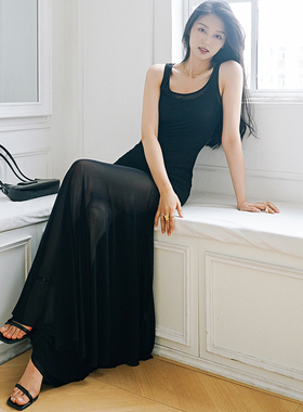 chris小倩真两件叠穿网纱连衣裙弹力收腰透感黑色无袖吊带背心裙