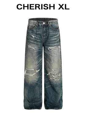 CHERISH XL【街头玩家】水洗牛仔裤男款/重工破洞补丁/直筒宽松