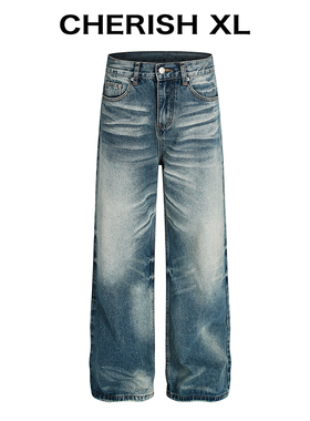 CHERISH XL【水波猫须】水洗蓝色宽松直筒牛仔裤男款/通勤百搭