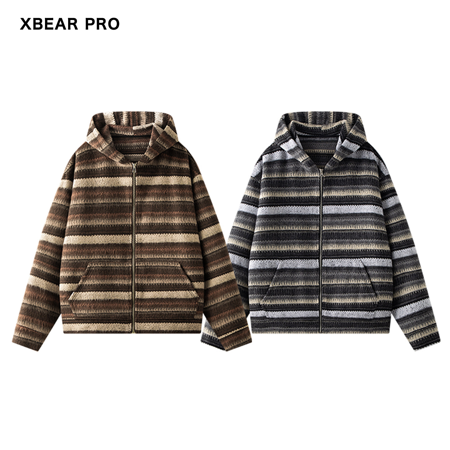 XBEARPRO拉链条纹设计连帽卫衣