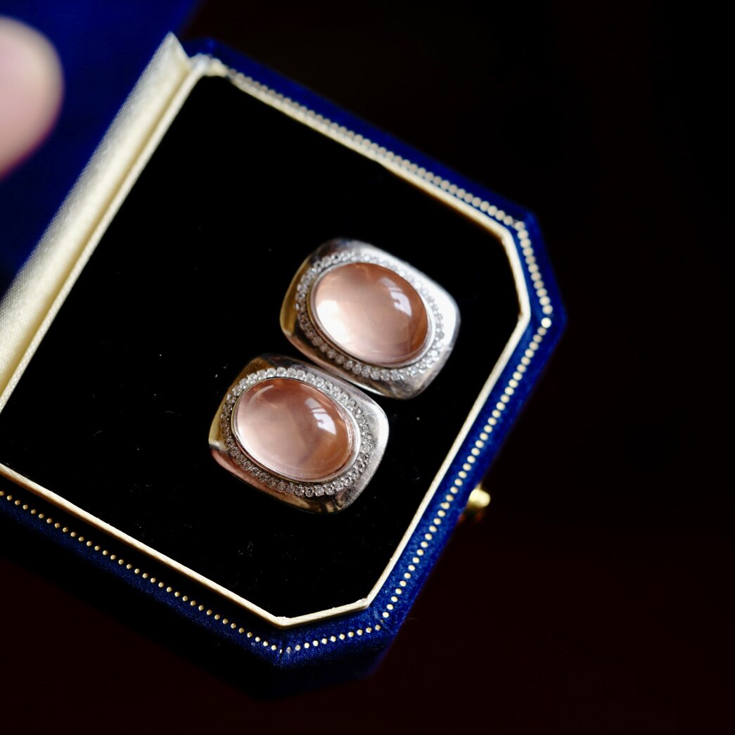 「星胭」原创设计天然莫桑比克粉水晶六芒星耳钉纯银镶嵌19*15mm