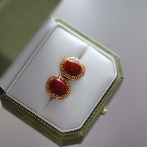 原创瓦西料南红新中式耳钉15mm