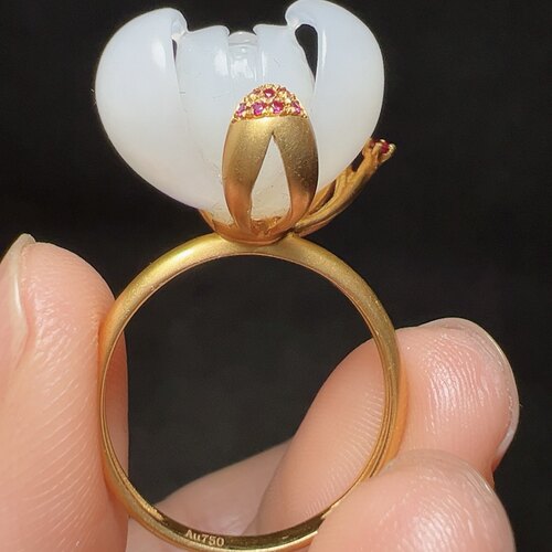 新疆和田玉白玉籽料莲花戒指17mm金镶玉苏工精品女款精品18k金