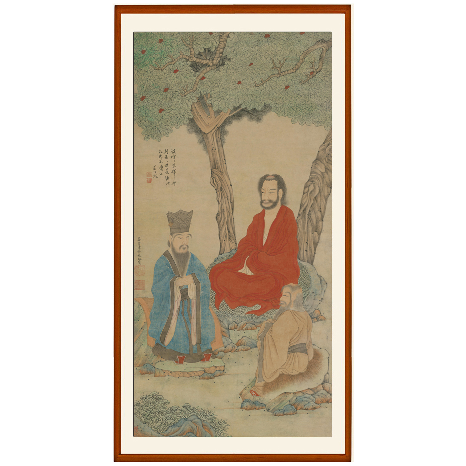 丁云鹏三教图孔子画像挂画书房装饰画客厅教室非手绘字画竖版卷轴图片