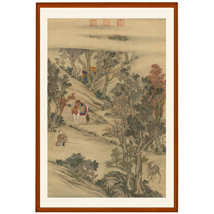 乾隆皇帝击鹿图山水画人物画客厅挂画装饰画非手绘真迹竖版卷轴画