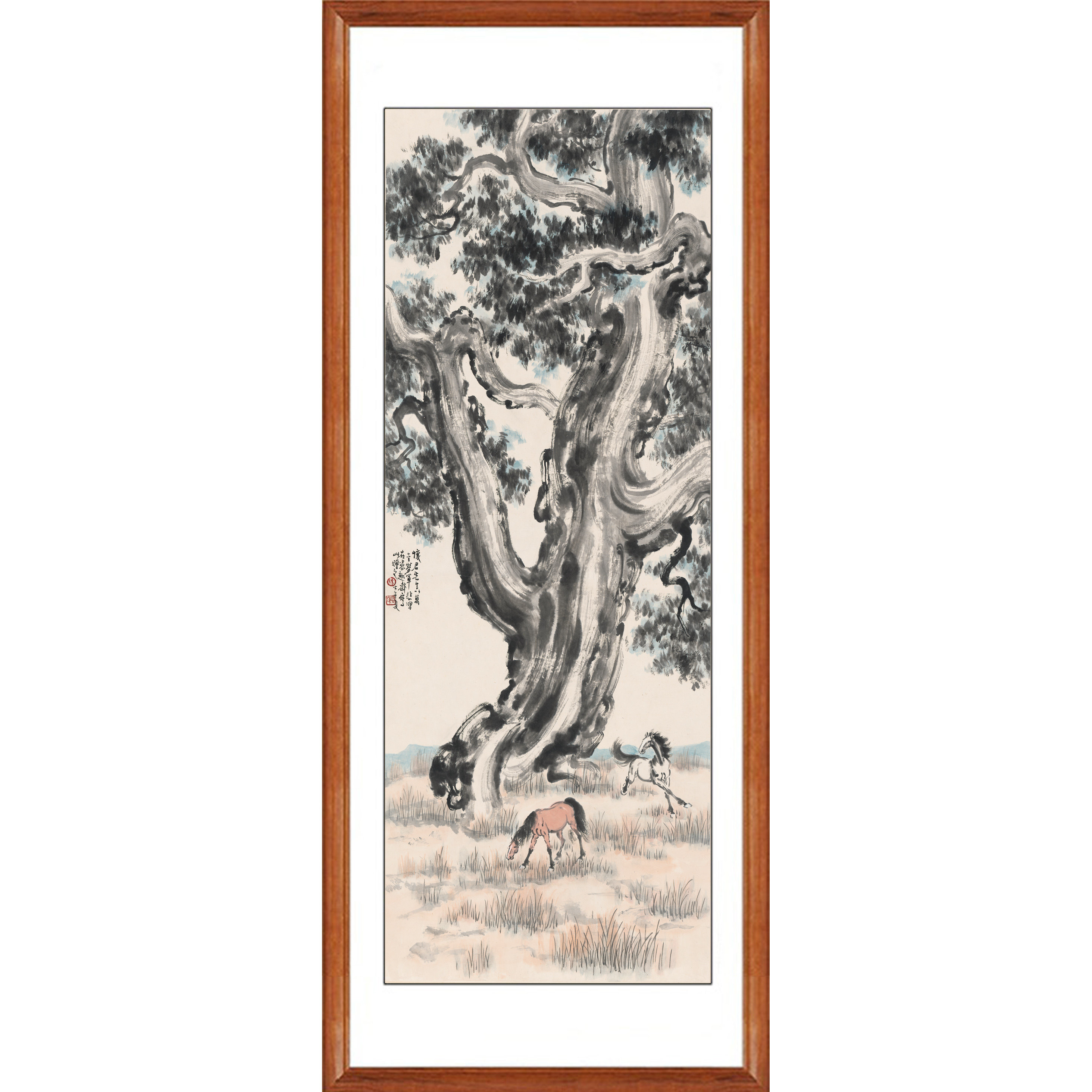 徐悲鸿双骏图古柏双马字画水墨画客厅挂画装饰画国画真迹复制卷轴
