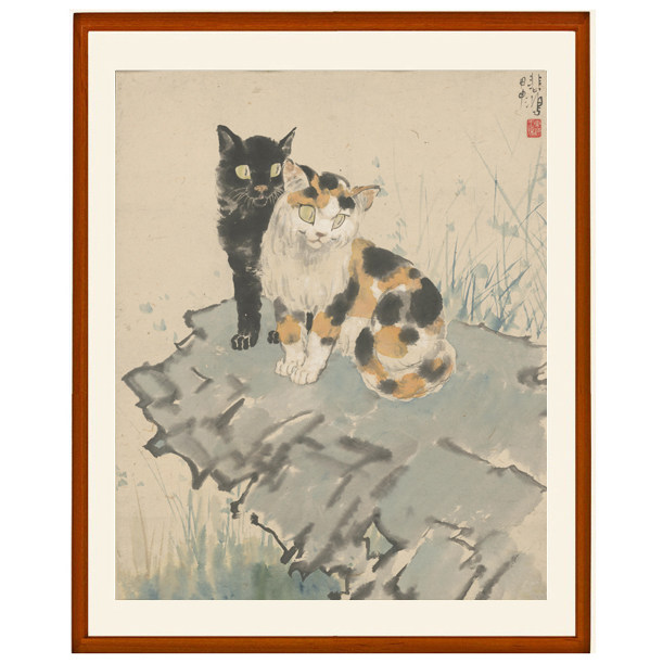 徐悲鸿挂画国画字画书法双猫图客厅装饰画版画非手绘真迹竖版卷轴