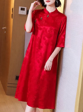 【主推款】高端真丝冠乐绉连衣裙宽松立领新中式喜婆婆红色礼服女