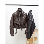 2026春进口油蜡绵羊皮机车夹克外套新海宁真皮皮衣女短款 宽松亮面