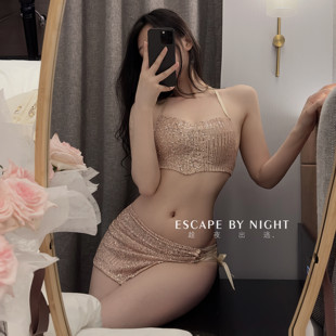纸醉金迷 性感睡裙夏亮片挂脖绑带纯欲套装夜店qqny 趁夜出逃