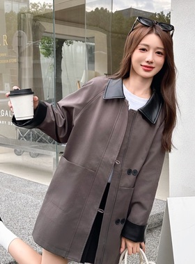 原创2025春时尚百搭翻领撞色风衣女中长款外套女85161