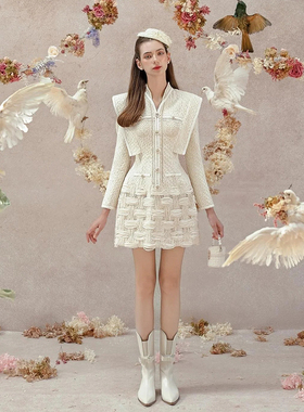 越南小众设计法式千金编织收腰长袖连衣裙GSEN5324