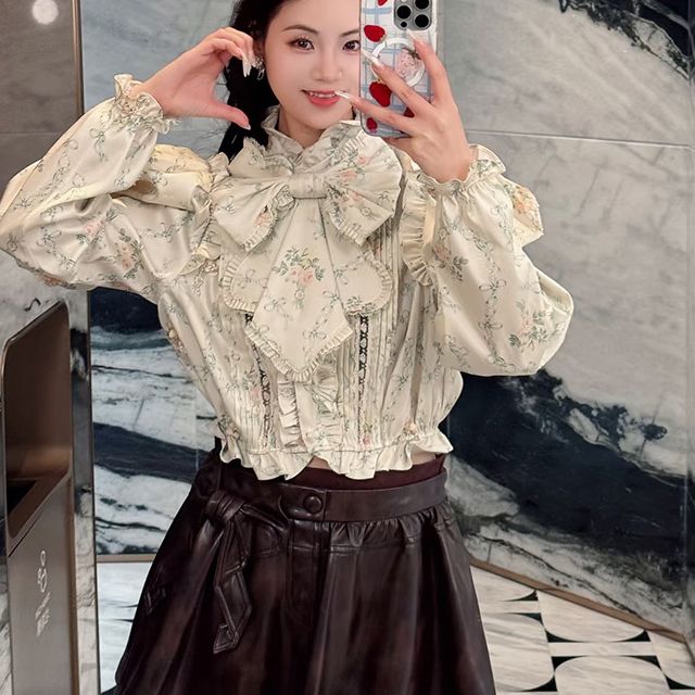 法式宫廷风大蝴蝶结印花泡泡袖短款衬衫上衣GZJ68303