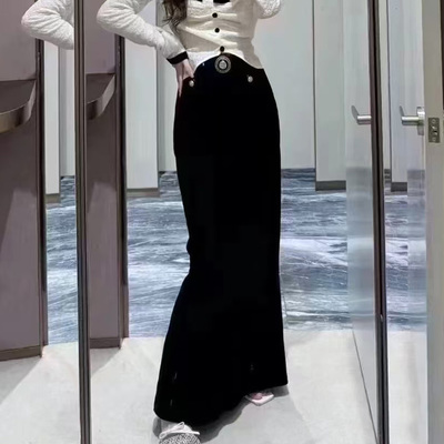 拉拉家复古宫廷风修身H型丝绒半身裙开叉中长裙半裙GQW68057