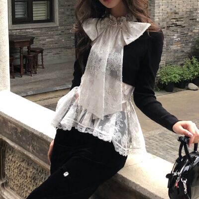 拉拉家复古宫廷感蝴蝶结飘带蕾丝拼接针织修身长袖上衣GCR68114