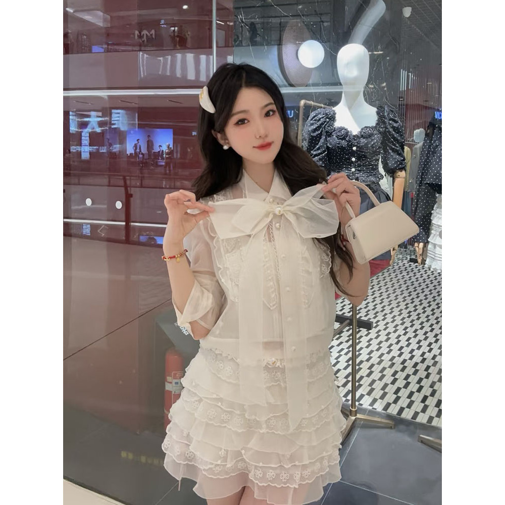 拉拉家25夏季甜美减龄钉珠蕾丝拼接衬衫上衣/蛋糕裙短裙GFC25089