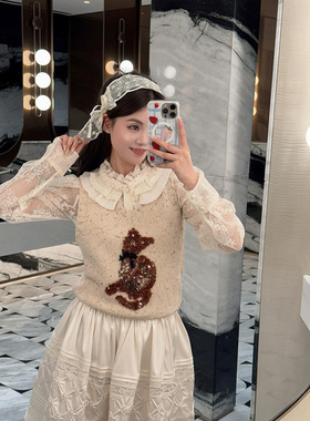 拉拉家2025冬季新款趣味猫咪植绒亮片V领针织背心GHQ68268