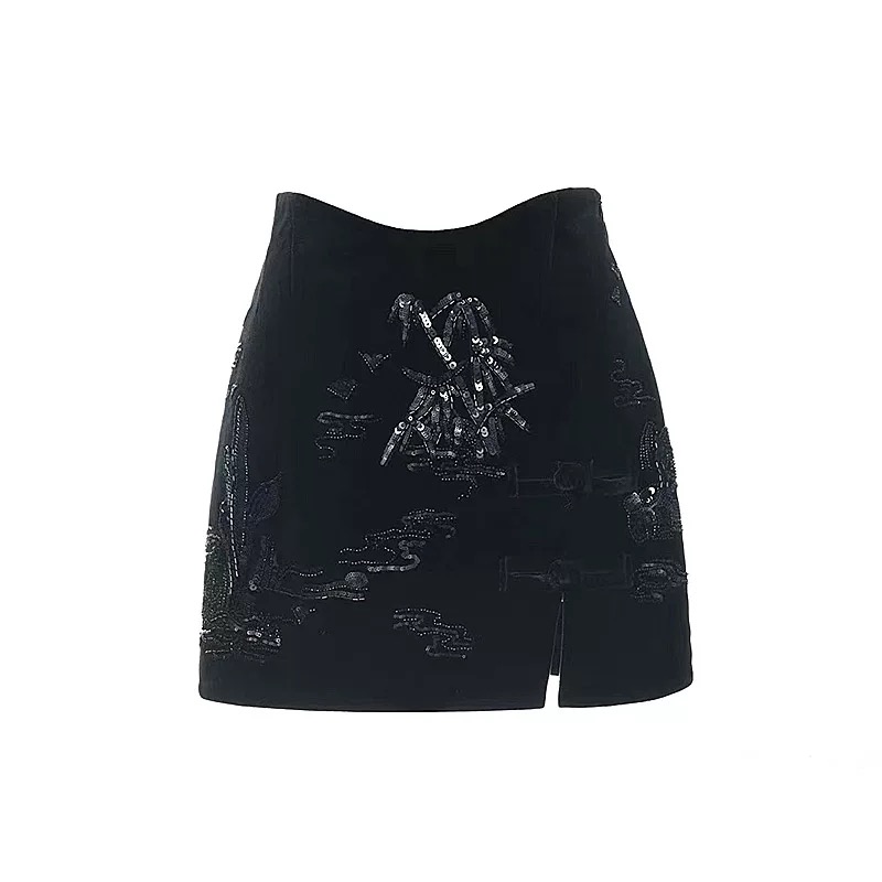 拉拉家冬季新品黑丝绒中式亭台楼阁绣花半身裙GZJ68092-1