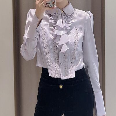 洋气高贵宫廷风翻领修身长袖短款衬衫上衣女GQW68061