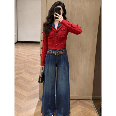 拉拉家2026早春新款蝴蝶结牛仔翻领拼接红色针织上衣开衫GPH68288