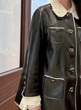 baby同款 秋季复古蕾丝钉珠长款皮衣外套/半裙套装GBMQ68221