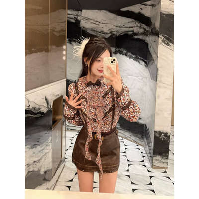 卢昱晓同款 秋冬新款复古老钱风时髦碎花长袖衬衫上衣女GFC25898