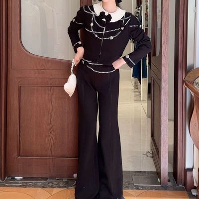 拉拉家2025冬季新款珍珠荷叶领针织开衫上衣/长裤套装GPH68234