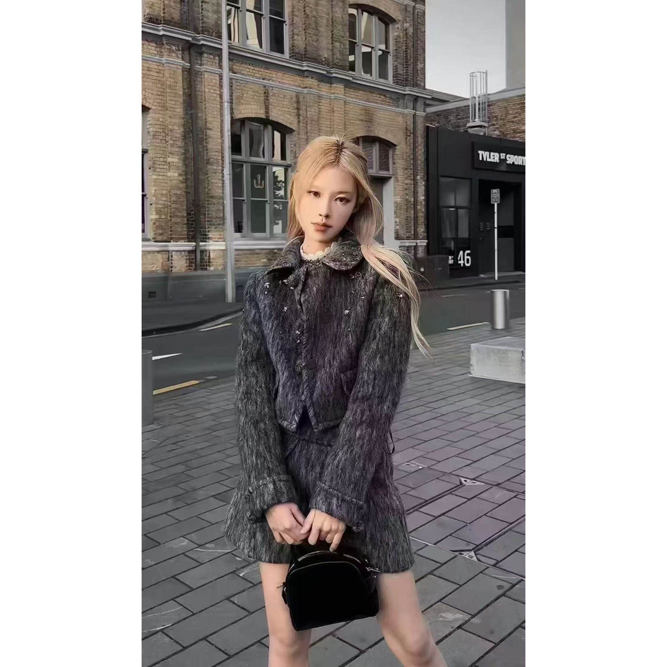 拉家冬季新品格雷少女花灰色短毛呢重工钉珠外套半裙GFC2411274,女装/女士精品,时尚套装,淘宝优惠券,粉丝福利购,淘宝优惠卷