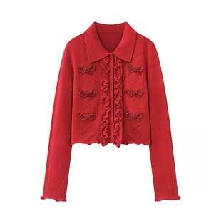 拉拉家2026早春蝴蝶结钉珠针织开衫红色毛衣/半裙套装GQW68279